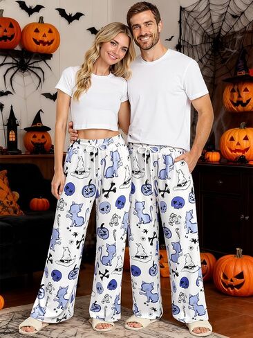 Couples Cute Halloween Ghost Pumpkin Print Pajama Pants - M-MEN & L-WOMEN Set, Sleep Lounge Pjs Bottoms with Pockets (2 Pieces Sold Together) in Kuwait