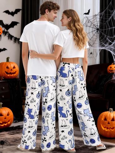 Couples Cute Halloween Ghost Pumpkin Print Pajama Pants - M-MEN & L-WOMEN Set, Sleep Lounge Pjs Bottoms with Pockets (2 Pieces Sold Together) in Kuwait