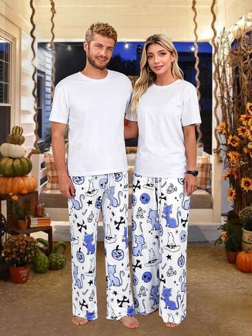 Couples Cute Halloween Ghost Pumpkin Print Pajama Pants - M-MEN & L-WOMEN Set, Sleep Lounge Pjs Bottoms with Pockets (2 Pieces Sold Together) in Kuwait