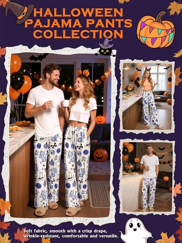 Couples Cute Halloween Ghost Pumpkin Print Pajama Pants - M-MEN & L-WOMEN Set, Sleep Lounge Pjs Bottoms with Pockets (2 Pieces Sold Together) in Kuwait
