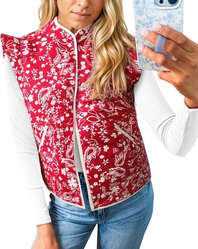 Tankaneo Womens Puffer Stest Fest Shulledless Floral Printed Crosped Quilted Step Lightweight Pated Gilets Coats in Saudi Arabia