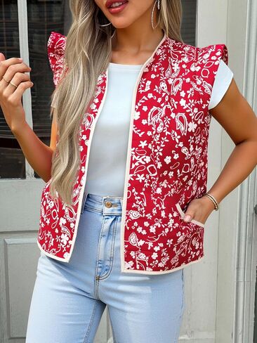 Tankaneo Womens Puffer Stest Fest Shulledless Floral Printed Crosped Quilted Step Lightweight Pated Gilets Coats in Saudi Arabia