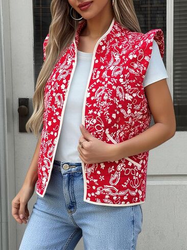 Tankaneo Womens Puffer Stest Fest Shulledless Floral Printed Crosped Quilted Step Lightweight Pated Gilets Coats in Saudi Arabia