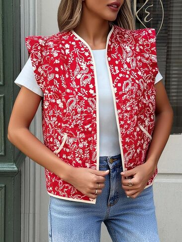 Tankaneo Womens Puffer Stest Fest Shulledless Floral Printed Crosped Quilted Step Lightweight Pated Gilets Coats in Saudi Arabia