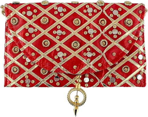 Handmade Indian Purse Wallet Clutch Traditional Ethnic Mirror Work Wedding Shaagun Money Envelope for Celebrations Events Return Gifts (Red) in Kuwait