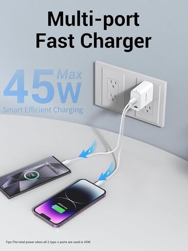 كتلة شاحن USB C بقدرة 65 وات، شاحن حائط 3 منافذ GaN قابل للطي من النوع C، شحن سريع لأجهزة MacBook Pro/Air، iPad Pro/Air، iPhone 15/15 Pro/15 Pro Max، لهاتف Samsung Galaxy S24/S23، أبيض in Kuwait