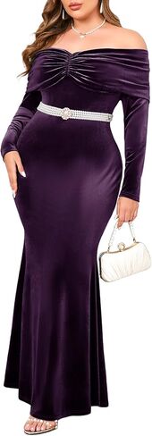 ZOMVA Plus Size Off Shoulder Velvet Dress Long Sleeve Mermaid Bodycon Maxi Evening Gown for Cocktail Party Wedding Guest in Saudi Arabia