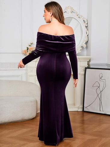 ZOMVA Plus Size Off Shoulder Velvet Dress Long Sleeve Mermaid Bodycon Maxi Evening Gown for Cocktail Party Wedding Guest in Saudi Arabia