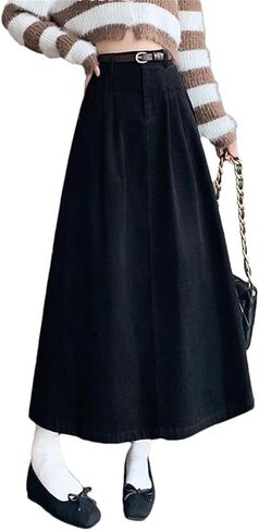 Womens Korean Style High Waist Pleated Skirts Corduroy Long Vintage Umbrella Skirt in Saudi Arabia