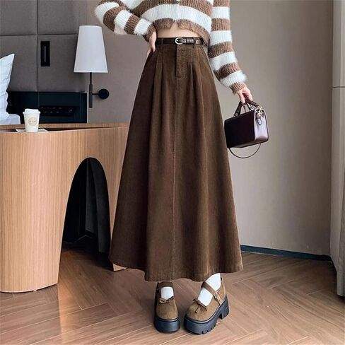 Womens Korean Style High Waist Pleated Skirts Corduroy Long Vintage Umbrella Skirt in Saudi Arabia