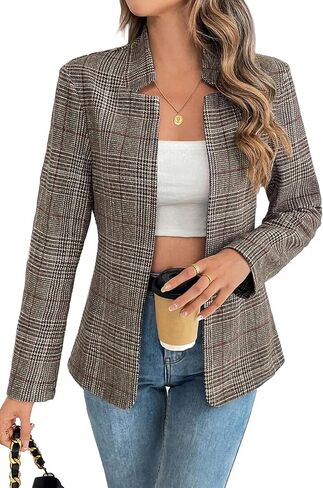 ELLEVEN Women's Plaid Blazer Open Front Stand Collar Houndstooth Suit Jacket for Work Casual in Saudi Arabia