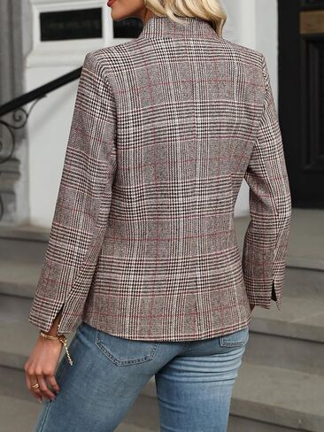 ELLEVEN Women's Plaid Blazer Open Front Stand Collar Houndstooth Suit Jacket for Work Casual in Saudi Arabia