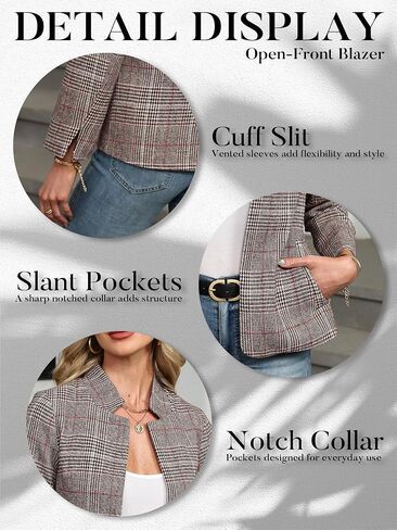 ELLEVEN Women's Plaid Blazer Open Front Stand Collar Houndstooth Suit Jacket for Work Casual in Saudi Arabia