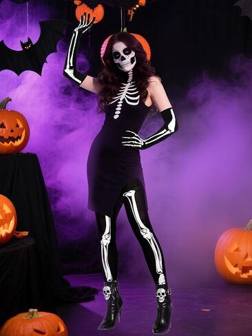 Jansun Halloween Skeleton Costume, Skeleton Gloves Set Women Horrible Stocking Socks Full Finger Long Arm Gloves in Saudi Arabia