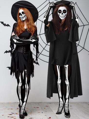 Jansun Halloween Skeleton Costume, Skeleton Gloves Set Women Horrible Stocking Socks Full Finger Long Arm Gloves in Saudi Arabia