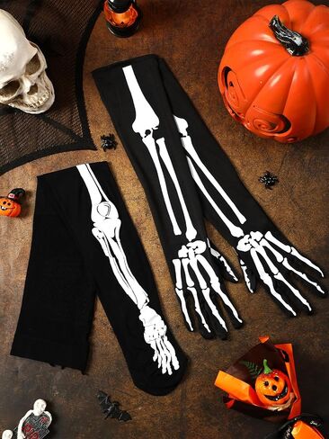 Jansun Halloween Skeleton Costume, Skeleton Gloves Set Women Horrible Stocking Socks Full Finger Long Arm Gloves in Saudi Arabia