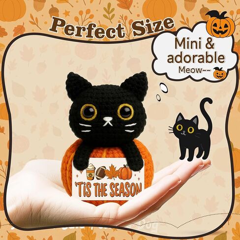 Hello Fall Mini Black Cat Pumpkin Crochet for Fall Table Decor – Small Cute Halloween Thanksgiving Gift for Cat Lovers Women Men Coworker Friends, Autumn Tiered Tray Shelf Desk Decorations in Kuwait