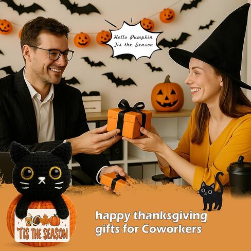 Hello Fall Mini Black Cat Pumpkin Crochet for Fall Table Decor – Small Cute Halloween Thanksgiving Gift for Cat Lovers Women Men Coworker Friends, Autumn Tiered Tray Shelf Desk Decorations in Kuwait