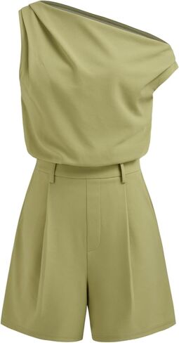 CIDER Women Asymmetrical Neck Pleated Jumpsuit Casual One Shoulder Solid Mini Rompers with Pocket in Saudi Arabia
