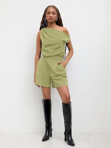 CIDER Women Asymmetrical Neck Pleated Jumpsuit Casual One Shoulder Solid Mini Rompers with Pocket in Saudi Arabia