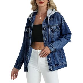 Women's Oversized Denim Jacket Long Distressed Ripped Trucker Jean Jackets Coat With Detachable Hood in Kuwait