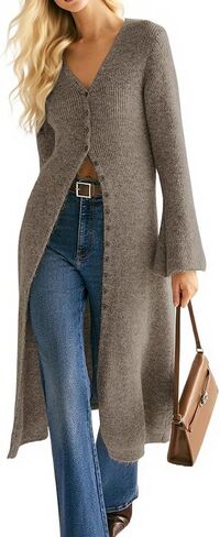 Womens Long Cardigan Sweaters Button Down Bell Sleeve Open Front Ribbed Knit Midi Dress Fall Trendy Outfits in Saudi Arabia