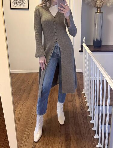 Womens Long Cardigan Sweaters Button Down Bell Sleeve Open Front Ribbed Knit Midi Dress Fall Trendy Outfits in Saudi Arabia
