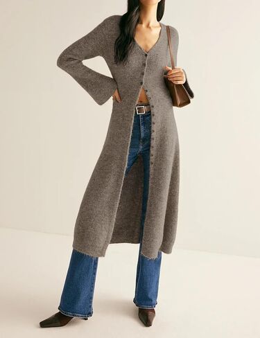 Womens Long Cardigan Sweaters Button Down Bell Sleeve Open Front Ribbed Knit Midi Dress Fall Trendy Outfits in Saudi Arabia
