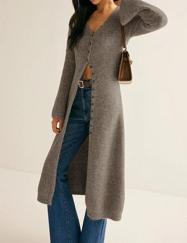 Womens Long Cardigan Sweaters Button Down Bell Sleeve Open Front Ribbed Knit Midi Dress Fall Trendy Outfits in Saudi Arabia