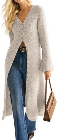 سترات سترات طويلة من كارديجان للسيدات أسفل جرس الأكمام المفتوحة الأمامية مضلعة متماسكة الفستان السقوط ملابس عصرية in Kuwait