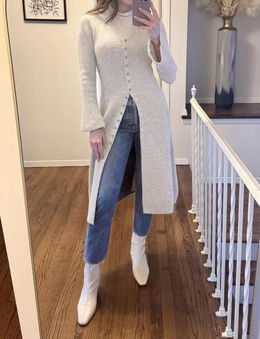 سترات سترات طويلة من كارديجان للسيدات أسفل جرس الأكمام المفتوحة الأمامية مضلعة متماسكة الفستان السقوط ملابس عصرية in Kuwait