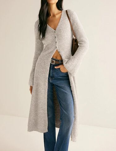 سترات سترات طويلة من كارديجان للسيدات أسفل جرس الأكمام المفتوحة الأمامية مضلعة متماسكة الفستان السقوط ملابس عصرية in Kuwait