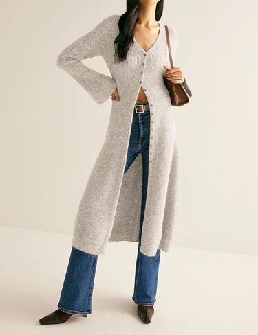 سترات سترات طويلة من كارديجان للسيدات أسفل جرس الأكمام المفتوحة الأمامية مضلعة متماسكة الفستان السقوط ملابس عصرية in Kuwait