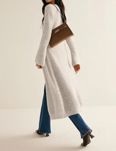 سترات سترات طويلة من كارديجان للسيدات أسفل جرس الأكمام المفتوحة الأمامية مضلعة متماسكة الفستان السقوط ملابس عصرية in Kuwait