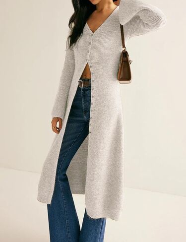 سترات سترات طويلة من كارديجان للسيدات أسفل جرس الأكمام المفتوحة الأمامية مضلعة متماسكة الفستان السقوط ملابس عصرية in Kuwait