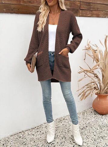 Sidefeel Womens 2025 Fall Outfits Long Sleeve Open Front Striped Cardigan Sweaters Chevron Chunky Knit Sweaters Coat in Saudi Arabia