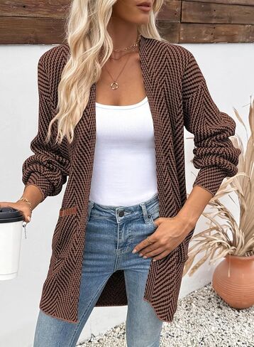 Sidefeel Womens 2025 Fall Outfits Long Sleeve Open Front Striped Cardigan Sweaters Chevron Chunky Knit Sweaters Coat in Saudi Arabia