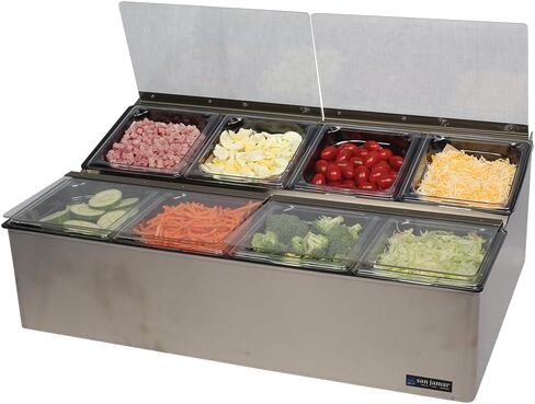 San Jamar Ez-Chill Food Prep Center Self-Service with Hinged Lid for Bars, Restaurants, And Kitchens, Stainless Steel, Four 1/6 Size Pans, Silver in Saudi Arabia