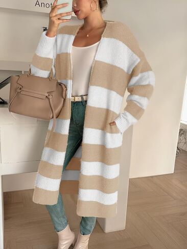 Saodimallsu Womens Striped Long Cardigan Sweaters Open Front Oversized Chunky Fuzzy Knit Fall Duster Sweater Coats in Saudi Arabia
