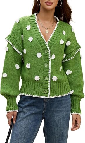 Womens Floral Cardigan Sweater Chunky Knit Drop Shoulder V Neck Button Down Embroidered Flower Cardigan Tops in Saudi Arabia