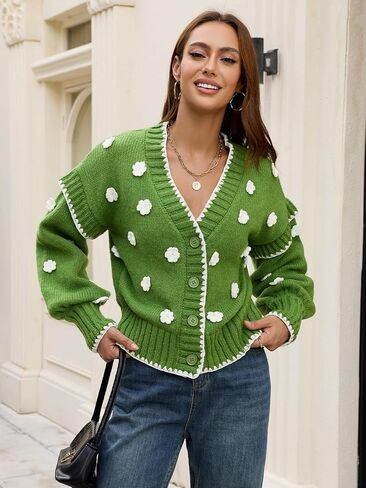 Womens Floral Cardigan Sweater Chunky Knit Drop Shoulder V Neck Button Down Embroidered Flower Cardigan Tops in Saudi Arabia