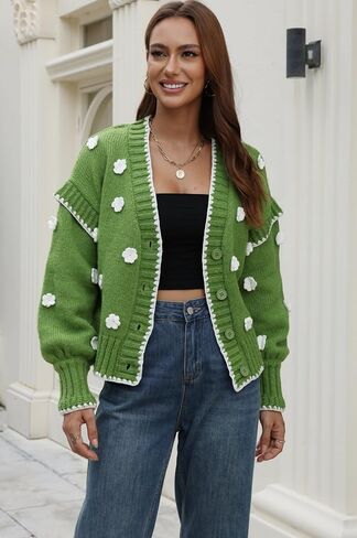 Womens Floral Cardigan Sweater Chunky Knit Drop Shoulder V Neck Button Down Embroidered Flower Cardigan Tops in Saudi Arabia