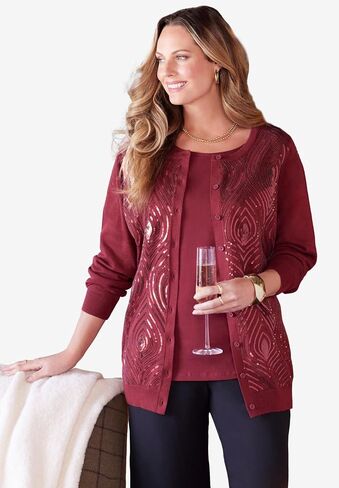 Catherines Women's Plus Size Sequin Jewel-Neck Cardigan in Saudi Arabia