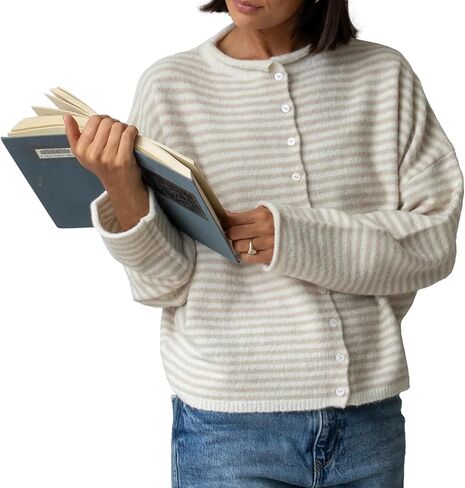 Womens Striped Cardigan Sweater Open Front Button Down Cropped Cardi Casual Funnel Neck Cable Knit Sweaters in Kuwait