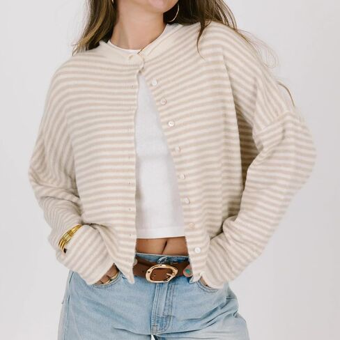 Womens Striped Cardigan Sweater Open Front Button Down Cropped Cardi Casual Funnel Neck Cable Knit Sweaters in Kuwait