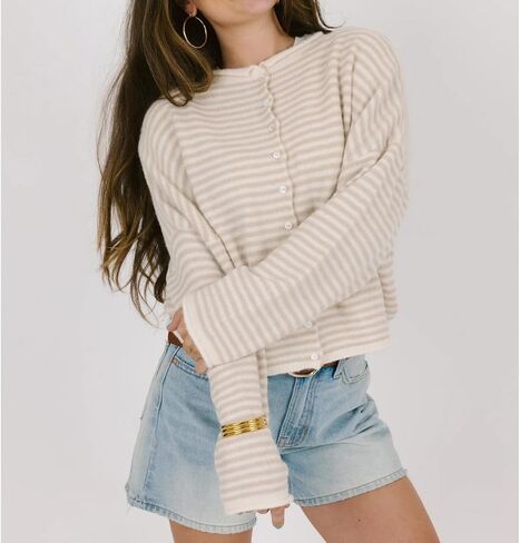 Womens Striped Cardigan Sweater Open Front Button Down Cropped Cardi Casual Funnel Neck Cable Knit Sweaters in Kuwait