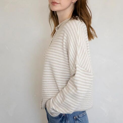 Womens Striped Cardigan Sweater Open Front Button Down Cropped Cardi Casual Funnel Neck Cable Knit Sweaters in Kuwait