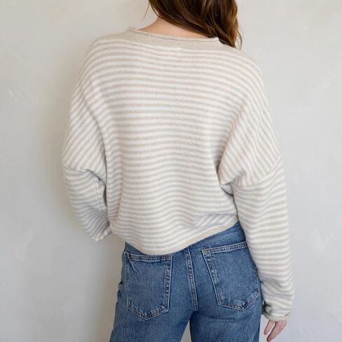 Womens Striped Cardigan Sweater Open Front Button Down Cropped Cardi Casual Funnel Neck Cable Knit Sweaters in Kuwait