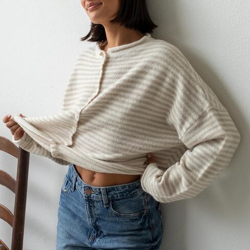 Womens Striped Cardigan Sweater Open Front Button Down Cropped Cardi Casual Funnel Neck Cable Knit Sweaters in Kuwait