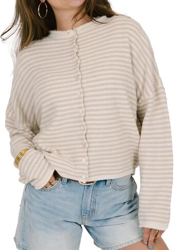 Womens Striped Cardigan Sweater Open Front Button Down Cropped Cardi Casual Funnel Neck Cable Knit Sweaters in Kuwait